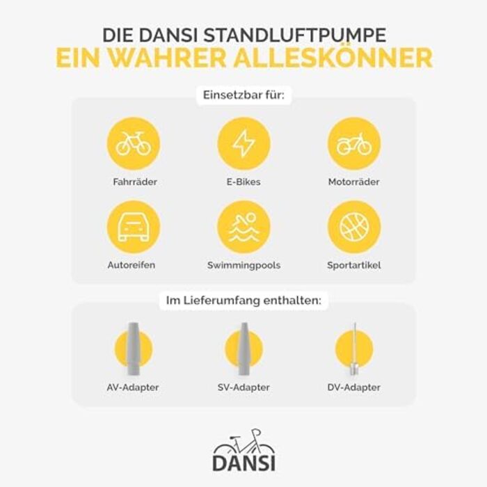 Насос для велосипеда DANSI з адаптерами для всіх типів вентилів (AV, SV, DV) | Насос для мотоцикла, електровелосипеда, авто та спортивного обладнання | З великим манометром