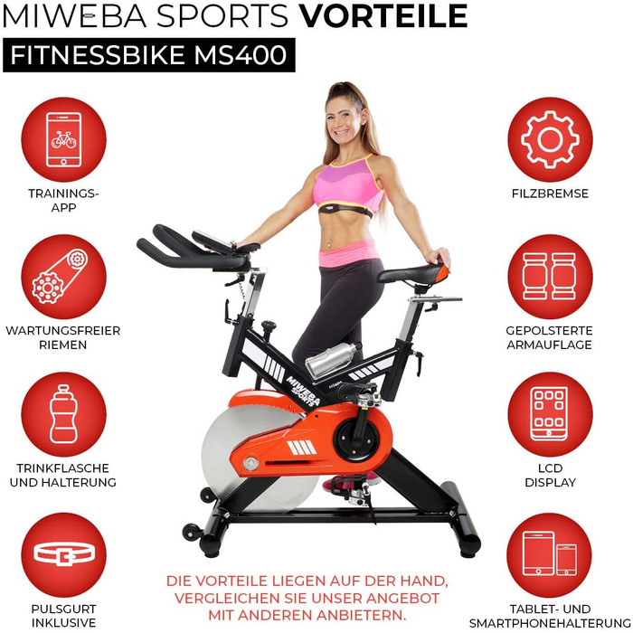 Професійний велотренажер Miweba Sports MS400 для дому, 22 кг маховик, навантаження до 150 кг, безступінчасте регулювання, вимір пульсу, спін-байк, ергометр
