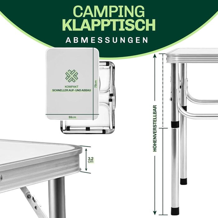 Складний туристичний стіл Campingtisch: регульована висота, зручний ручний перенесення, легкий алюміній, 75x55x26/60 см. Ідеальний для кемпінгу, саду та балкону.
