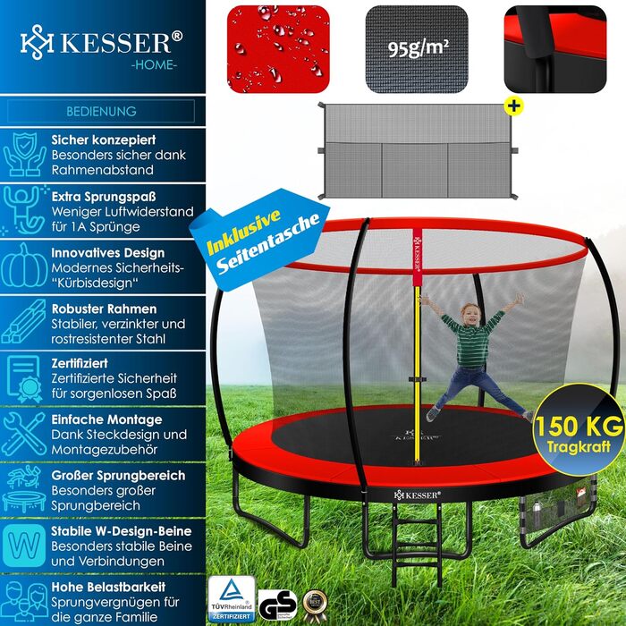 Трамплін KESSER® Ø 244/305/366/427 см | Сертифікований TÜV Rheinland | Для дітей, до 150 кг | Комплект з сіткою безпеки (366 см, Червоний/Чорний)