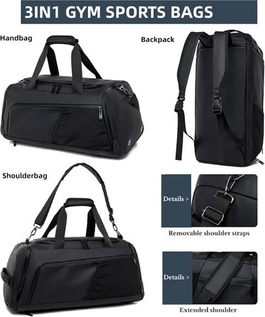 Спортивна сумка 3в1 з відділенням для взуття та мокрих речей – 45L, велика дорожня сумка для фітнесу, подорожей, плавання, сауни та футболу (для чоловіків та жінок)