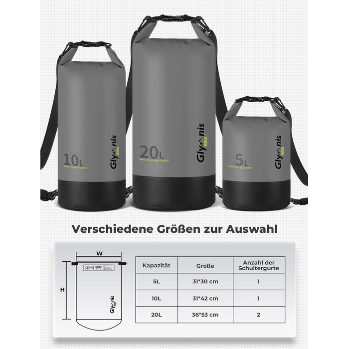 Водонепроникний мішок Glymnis 20L: міцний рюкзак для водного спорту, пляжу, подорожей та кемпінгу (чорний)