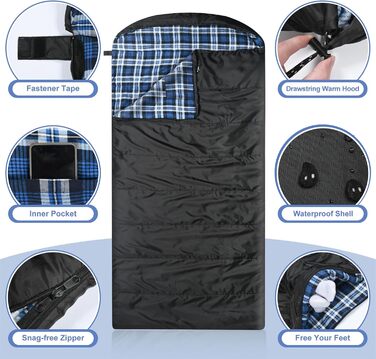 Спальний мішок Baumwoll-Flanell для дорослих, 100% бавовняний, для кемпінгу, походів, 3-4 сезони (Чорний/Блакитний)