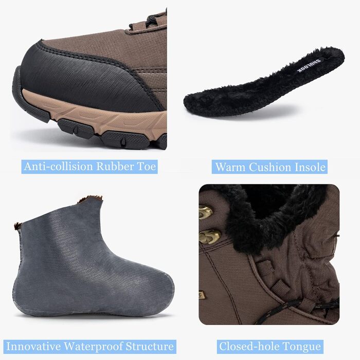 Чоловічі зимові чоботи SHULOOK: водонепроникні, теплі, з підкладкою з хутра, для трекінгу та хайкінгу, колір коричневий