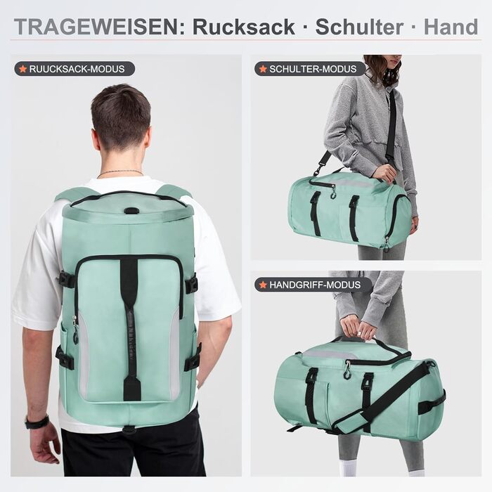 Спортивна сумка JiangLin 45L з відділенням для взуття та мокрих речей, велика дорожня сумка для жінок та чоловіків, рюкзак-трансформер для подорожей, спорту, фітнесу, плавання (зелена)