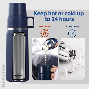 Термос 850 мл із чашкою для кави, герметичний, BPA-free, нержавіюча сталь, для дітей, спорту, школи, фітнесу, кемпінгу, глибокий синій