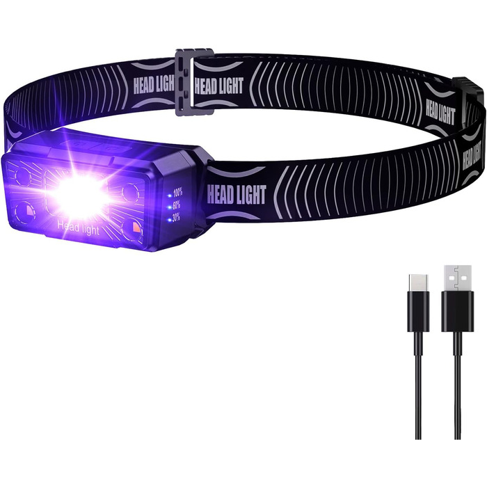 LED налобний ліхтар COSOOS з 2 USB, чорний світ, водонепроникний, для дітей, активного відпочинку, собак, полювання на кліщів (1 шт.)