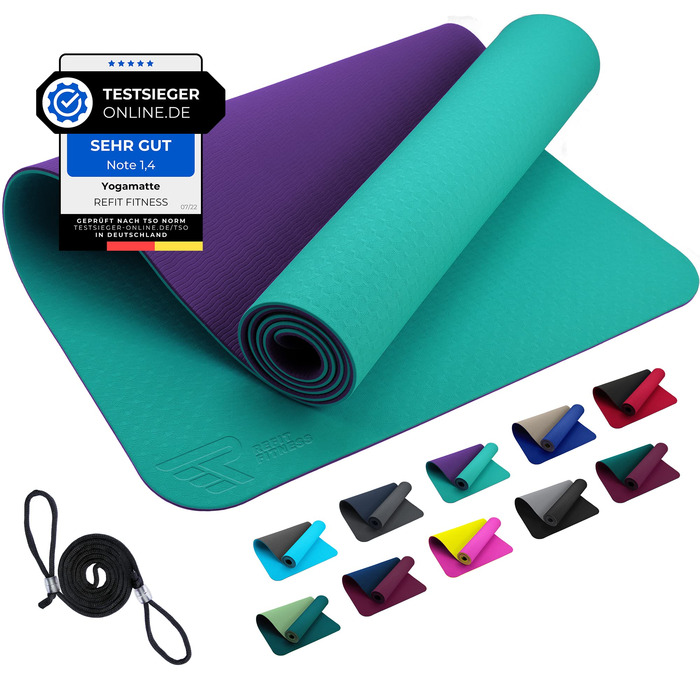 Килимок для йоги GeckoGrip Perfect-Fit 190x60x0.6 см TPE Sensi-Plus: Нековзний, екологічний, з ременем - для гімнастики та спорту (бірюзовий/ліловий)