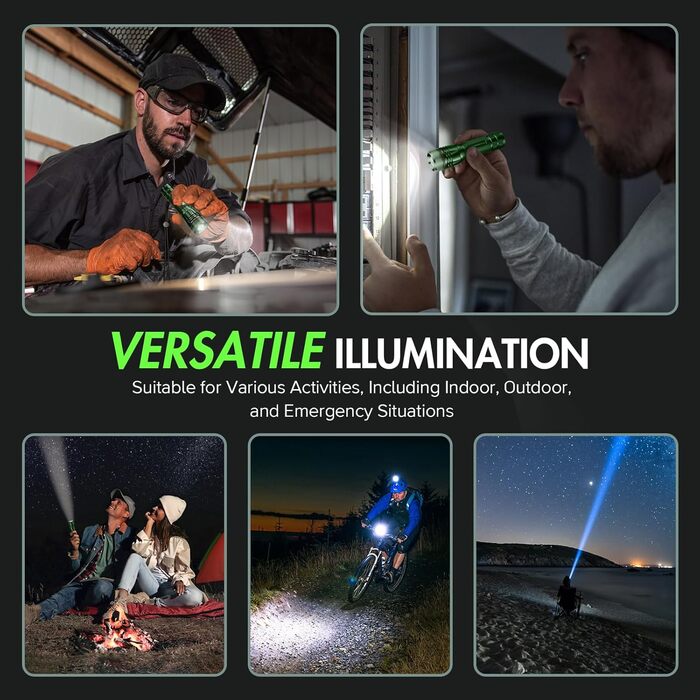 Ліхтарик LED BUCASA, 2000 люмен, 3 режими, збільшення, водонепроникний, для кемпінгу та активного відпочинку (зелений)