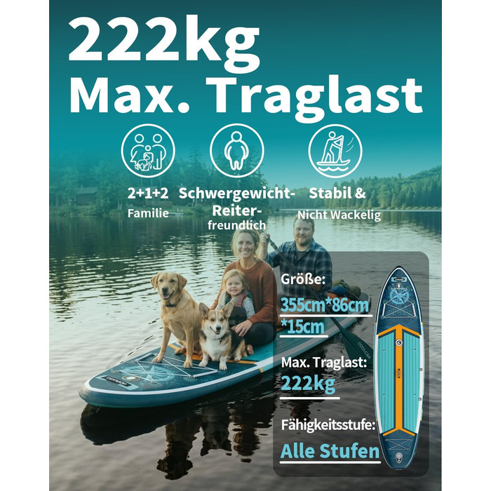 SUP дошка COOLCAA 355 см (Extra Large) надувна, з аксесуарами та сумкою для перенесення, вантажопідйомність 222 кг, для дорослих, для фішингу