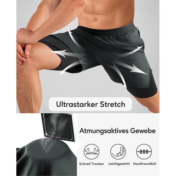 Шорти чоловічі Niksa 2er Pack 2-в-1: спортивні, швидковисихаючі, дихаючі, з кишенею для телефону (XL, сірий)