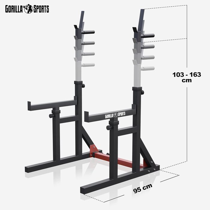 GORILLA SPORTS® Стійка для присідань із турніком, регульована висота і ширина, навантаження до 300 кг, чорна – стійка для штанги, для присідань, для жиму лежачи
