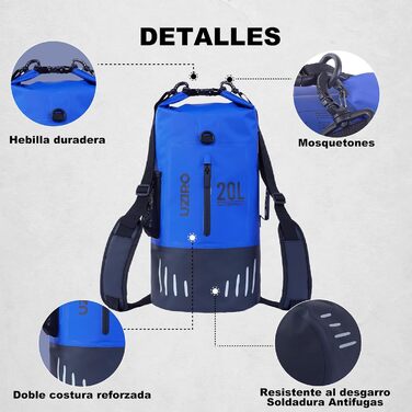 Водонепроникний рюкзак UZIRO 20L, Dry Bag, для активного відпочинку (Блакитний)