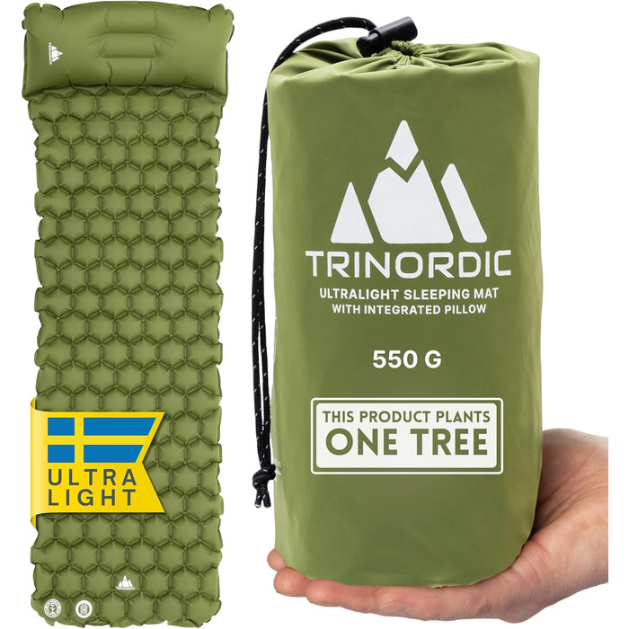 Надувна ізольована килимок TRINORDIC 550g з подушкою - для кемпінгу, трекінгу та бікпакінгу, компактний, Waldgrün