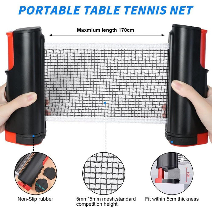 Мережа для настільного тенісу Flintronic розкладна портативна, для будь-якого столу, запасна сітка Ping Pong, для гри в приміщенні та на вулиці, максимальна довжина 170 см (синьо-чорна)