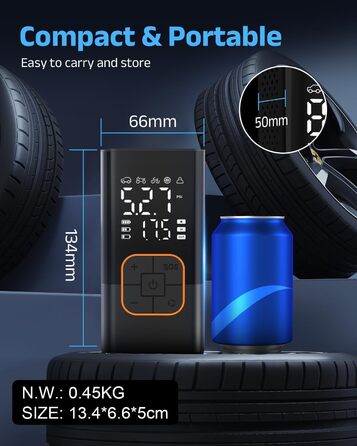Електрична повітряна помпа, бездротова помпа для шин велосипеда з цифровим манометром (150 PSI), LED-ліхтар, для авто/велосипеда/мотоцикла/м'яча