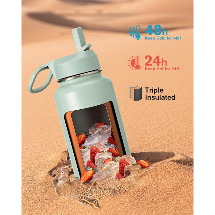 Coolflask Фляга-термос 1,2 л з соломкою, з нержавіючої сталі, 3 кришки, для спорту та офісу, зберігає холод до 48 годин, гаряче - до 24 годин, сіро-зелений колір