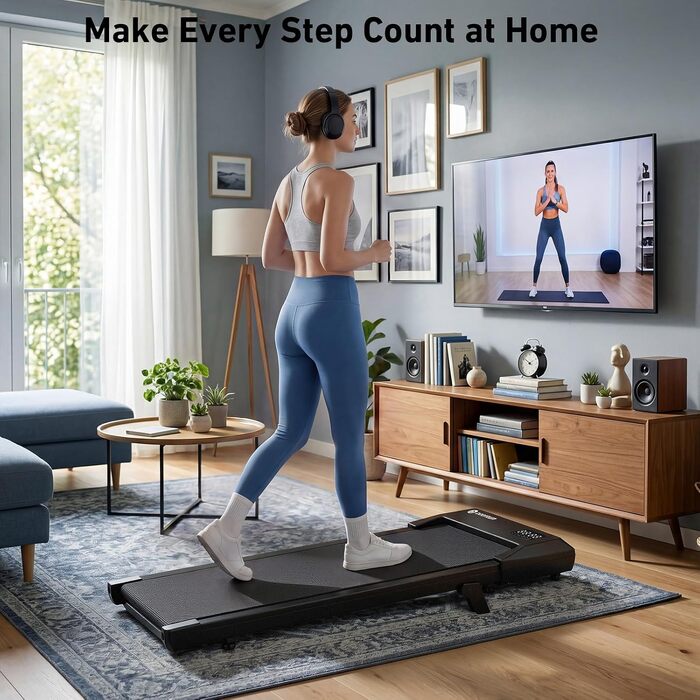 Бігова доріжка DeerRun Walking Pad з нахилом 6% для дому та офісу, компактний тренажер під стіл з App, пультом та LED-дисплеєм, до 136 кг, чорна