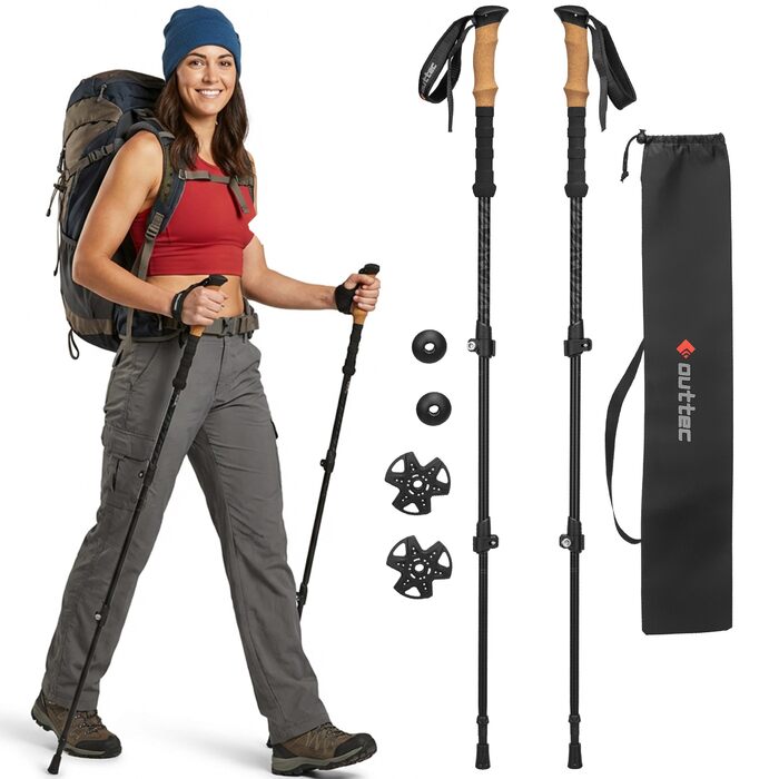 Телескопічні трекінгові палиці для скандинавської ходьби та гірських походів, ультралегкі палиці для Nordic Walking з гумовими наконечниками, регульовані (65-135 см), чорні