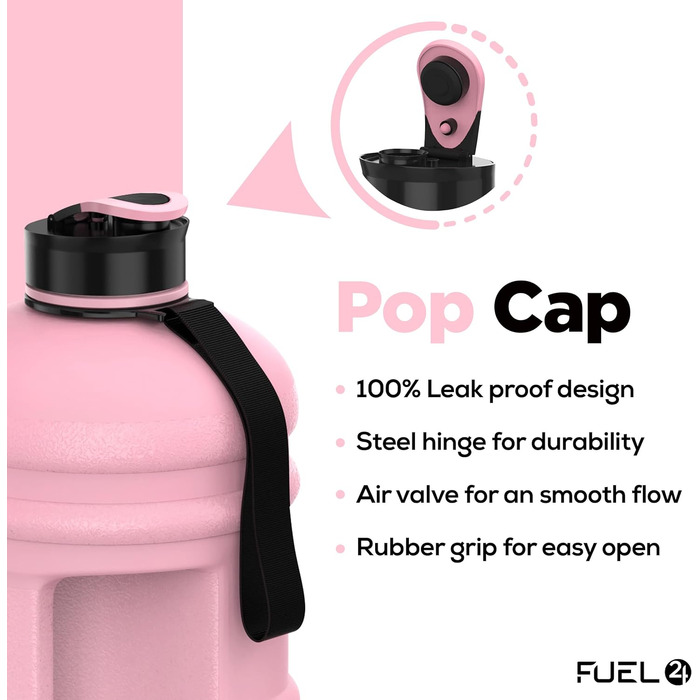 Спортивна пляшка для води Fuel24 Jug 2,2 л з поп-кришкою та ручкою, рожева, без BPA, для залу та фітнесу