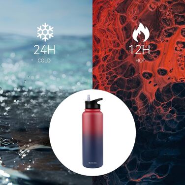 Термос пляшка MURBONE з нержавіючої сталі 1,2 л, 2 кришки, з трубочкою, BPA Free, герметична, підходить для газованої води, вакуумна ізоляція, для спорту, подорожей, кемпінгу
