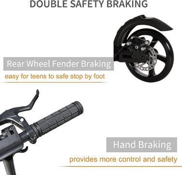 HOMCOM Скутер кикборд складаний, чорний, для підлітків та дорослих, до 100 кг, з двома гальмами та подвійною підвіскою