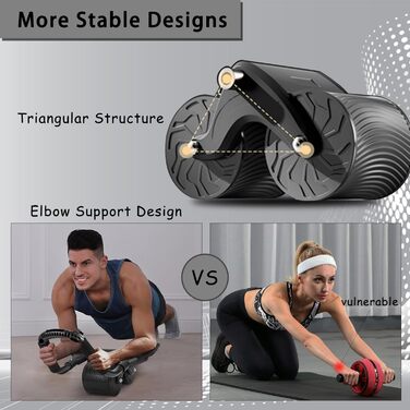 Ролер для пресу Ab Roller з підтримкою ліктів, тренажер для пресу з автоматичним відскоком, ролер для пресу з килимком для колін для чоловіків та жінок, тренування пресу на подвійних колесах, стабільний, чорний