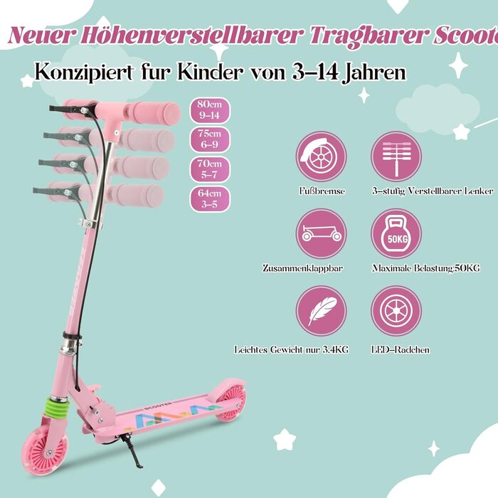 Дитячий самокат TENBOOM з 2 колесами, складаний, для дітей від 3 років, з LED-колесами, регульована висота, для хлопчиків і дівчаток