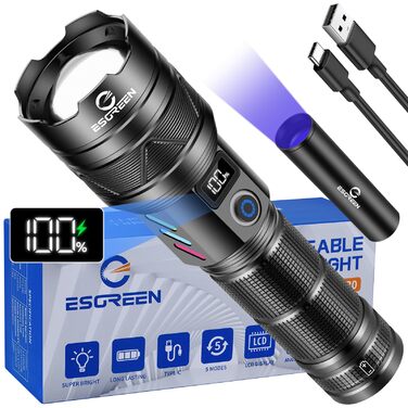 Ліхтарик тактичний LED Esgreen 500000 люмен, USB-C, дальнього радіусу дії, з зумом, 5 режимів, чорний