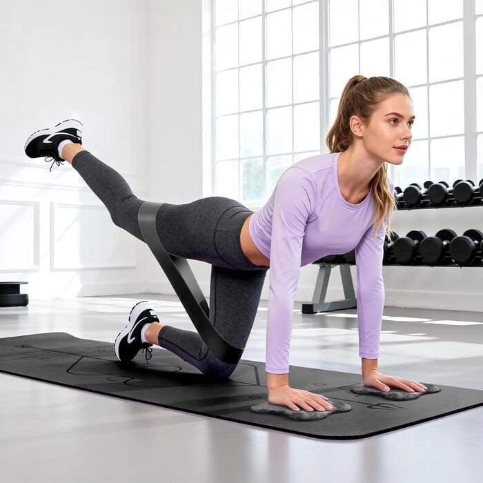 Килимок для йоги Soontrans 183x68 см, 8 мм, TPE з опорами, наколінниками та еспандером. Чорний