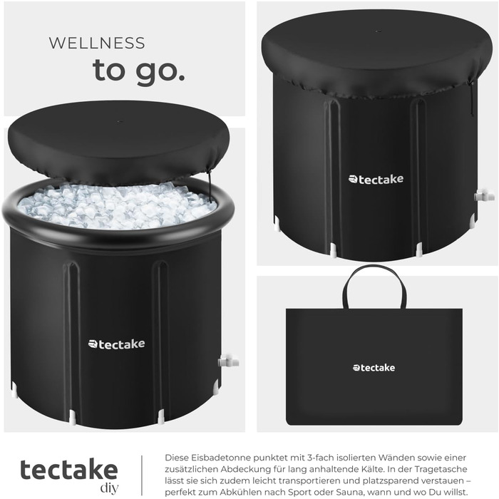 Тектейк® Ванна для криотерапії з кришкою, бак для крижаних ванн, ванна для холодної терапії, бак для льоду, надувна ванна, складана ванна для дорослих - Ø 90 x 75 см