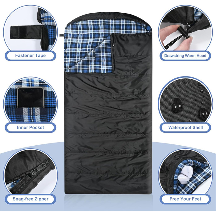 Спальний мішок Baumwoll-Flanell для дорослих, 100% бавовняний, для кемпінгу, походів, 3-4 сезони (Чорний/Блакитний)