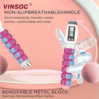 Скакалка VINSOC з лічильником калорій, регульована, для дорослих і дітей, рожевий поролоновий грип, фітнес-скакалка EVA для схуднення