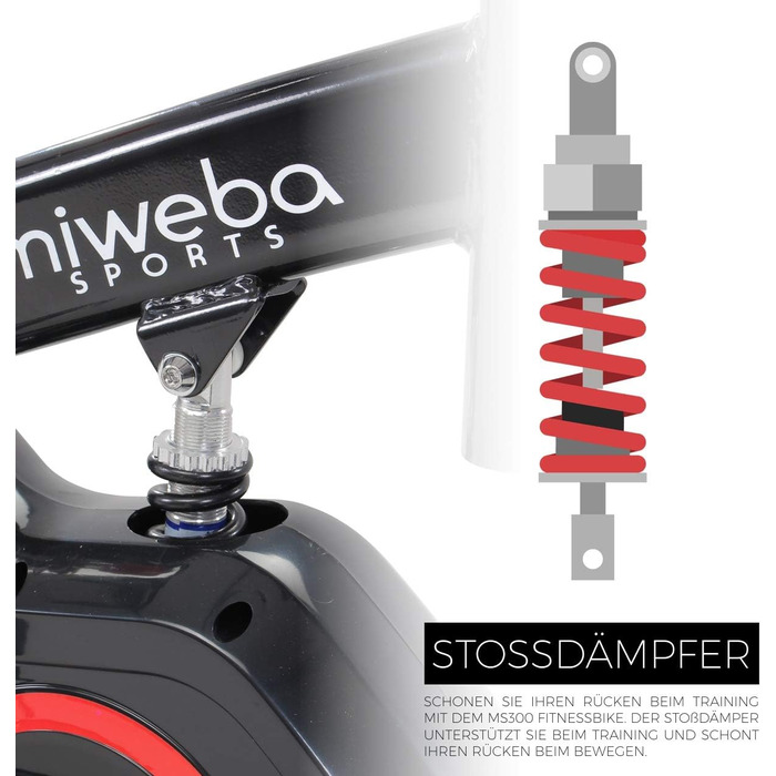 Велотренажер Miweba Sports MS300 для дому, 13 кг маховик, до 100 кг, амортизатор, тримач для планшета, транспортні ролики, регулювання, ергометр, спін-байк чорний