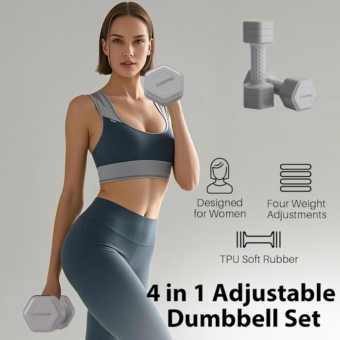 Регульовані гантелі 2 шт. в наборі, 4 в 1, гантелі з вільними вагами, гантелі для жінок вдома, набір гантелей 2.3 кг з неслизькою ручкою для домашнього спортзалу, тренувань та фітнесу, сірий колір