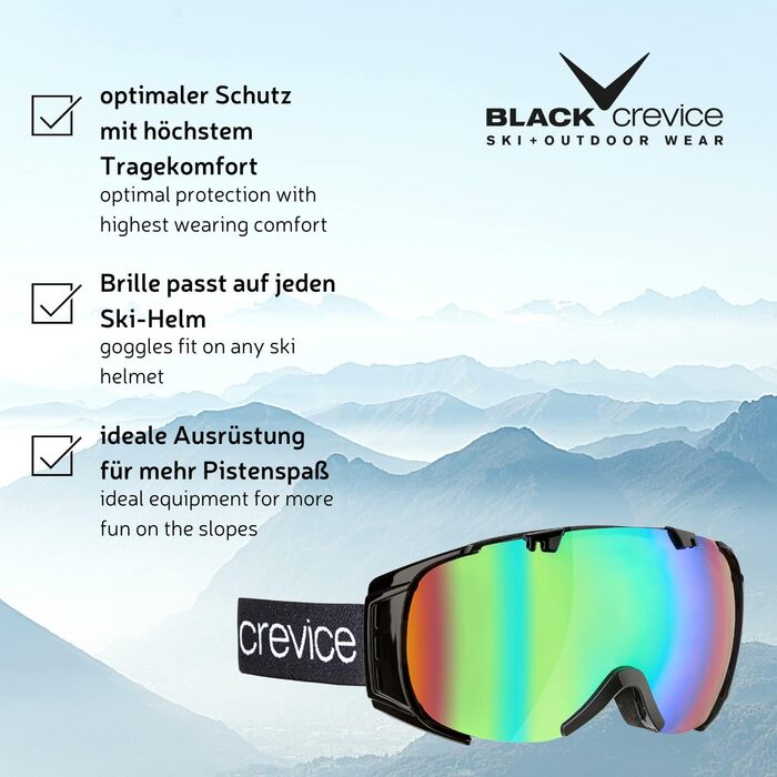 Лижна маска Black Crevice Flachau для окулярів, подвійна лінза, антифог, UV 400, регульована, чорна/зелена