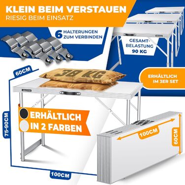 KESSER® Багатофункціональний стіл Profi 3-частини 100x60 см, білий - розкладний стіл для дому, ярмарку, кемпінгу, з навантаженням до 90 кг