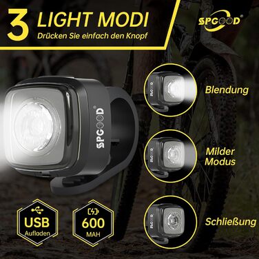 Велосипедні ліхтарі SPGOOD: комплект переднього та заднього ліхтаря, USB-C, водонепроникні (IPX5), сертифіковані StVZO