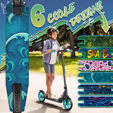 Дитячий та дорослий трюковий самокат Cityroller з дзвінком та ременем | Регульована висота, складаний, до 100 кг | Великі колеса, Kickscooter, турквіс