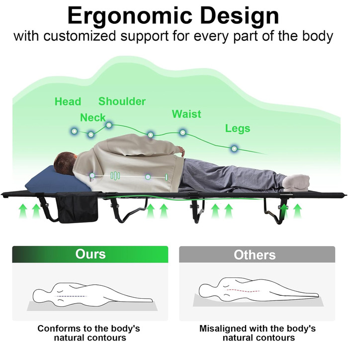 Легке туристичне ліжко для кемпінгу, 160 кг, чорне. Розкладне, портативне, для відпочинку на природі, вдома, в горах, на дачі.