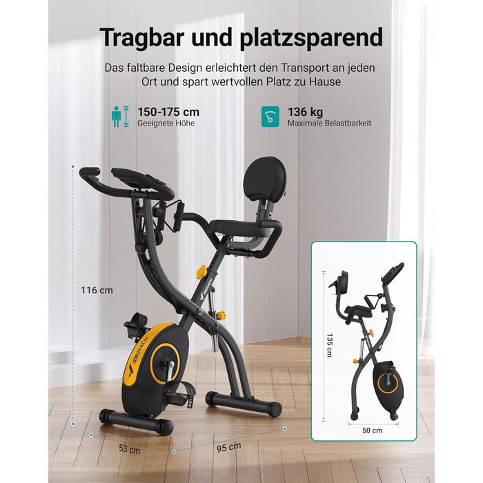 Велотренажер MERACH 4-в-1 з додатком, тихий, магнітний опір 16 рівнів, LCD-дисплей, вимірювання пульсу, складаний, зручне сидіння, еластична стрічка