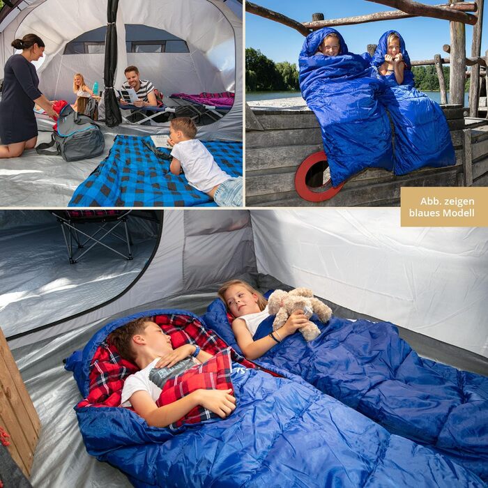 Спальний мішок Skandika Dundee Junior для дітей | Теплий, м'який, водонепроникний, 175 x 70 см, діапазон комфорту 13-3°C, чорно-блакитний в клітинку