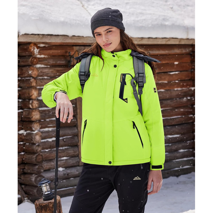 TACVAEN Куртка перехідна жіноча тепла зимова фльорокована куртка для хаджінг, водонепроникний блискавка, біло-чорний (XL, неоново-зелений)