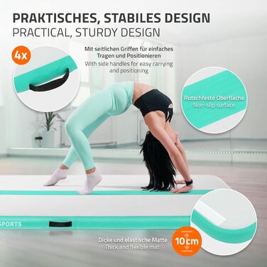 Гімнастичний мат Airtrack ECD Germany для тумблінгу та фітнесу, надувний мат для гімнастики 500x100x10 см, м'ятно-зелений, з електричним насосом та сумкою