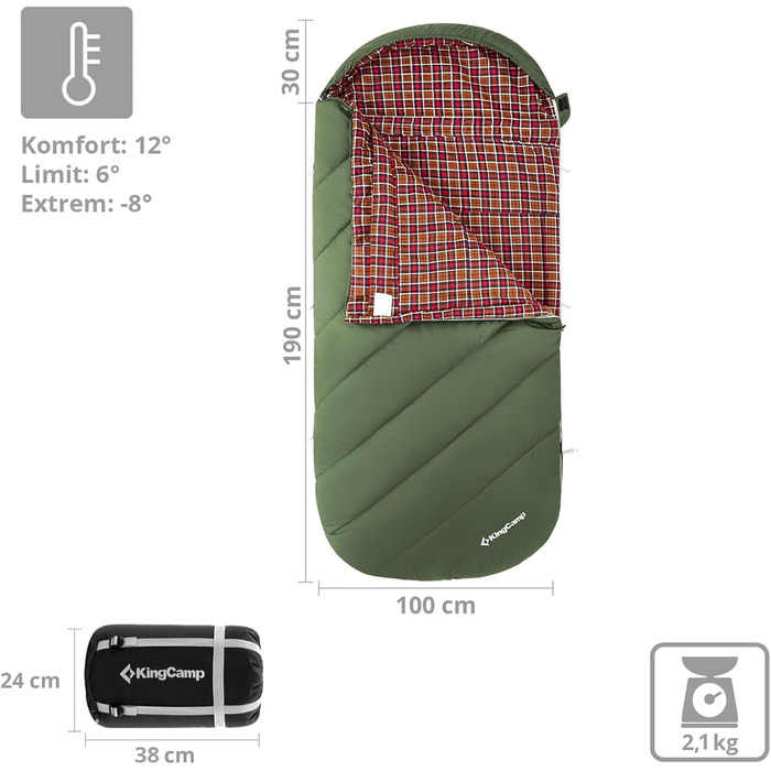 Сплячий мішок KingCamp Freespace 250 Winter -8°C, широкий, з бавовни, оливковий