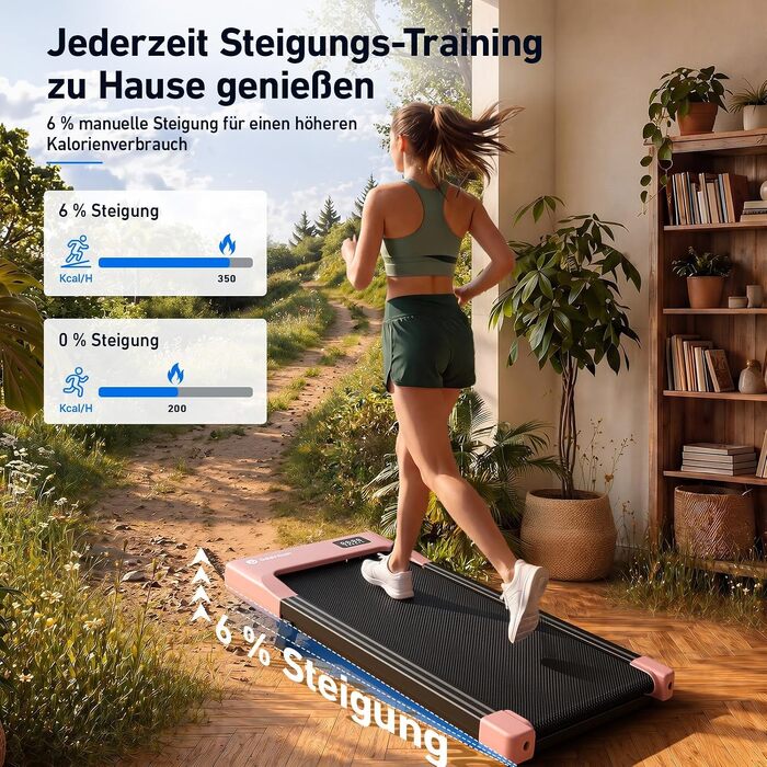 Дорожній тренажер DeerRun Walking Pad з нахилом 6%, компактна бігова доріжка під стіл для дому та офісу, з LED-дисплеєм, пультом та підтримкою App, до 136 кг, Рожевий