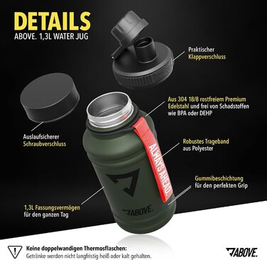 Пляшка для води з нержавіючої сталі ABOVE 1.3L або 2.2L, BPA-free, герметична, для спорту, фітнесу та активного відпочинку, оливково-червона, не термос