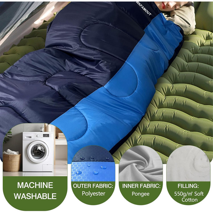 Спальний мішок Outdoor для дорослих, машинного прання, зимовий, водонепроникний, 3-4 сезони, з компресійним мішком. Температура комфорту: 0°C, 5°C. Розмір: 220x85 см. Чорний/Синій.