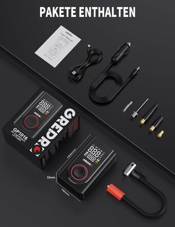 Електричний компресор GREPRO для авто, мото, велосипеда та м'ячів, 150 PSI, акумулятор 5000mAh, LED-ліхтар, цифровий манометр