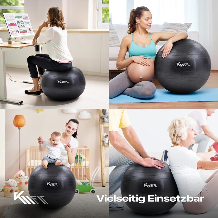 Фітнес-м'яч KM-Fit 75 см з насосом | М'яч для тренувань, йоги, офісу, фітнесу та корекції постави | Чорний, BPA-Free